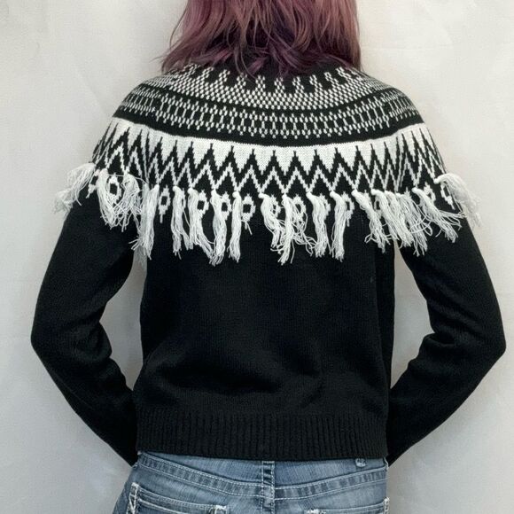 CATO Women Fair Isle Sweater Tassels Black White M Med Medium Raglan Long Sleeve - Picture 2 of 13